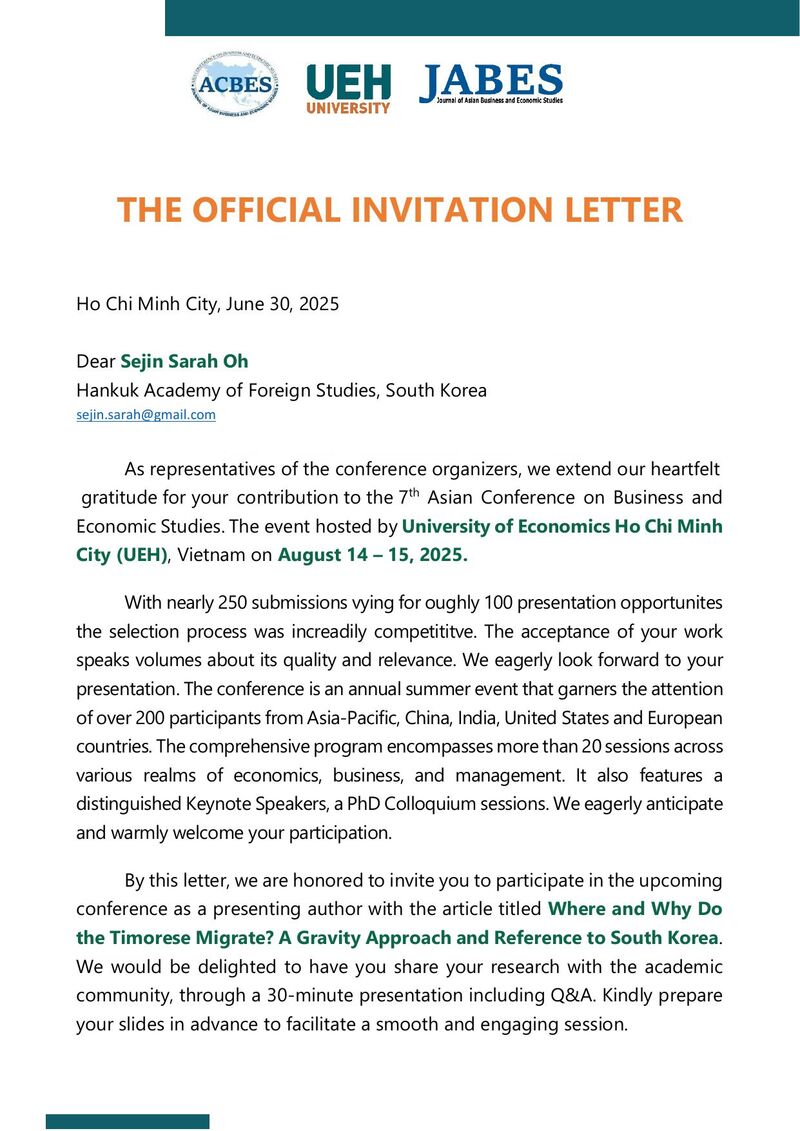 ACBES conference invitation letter, page 1